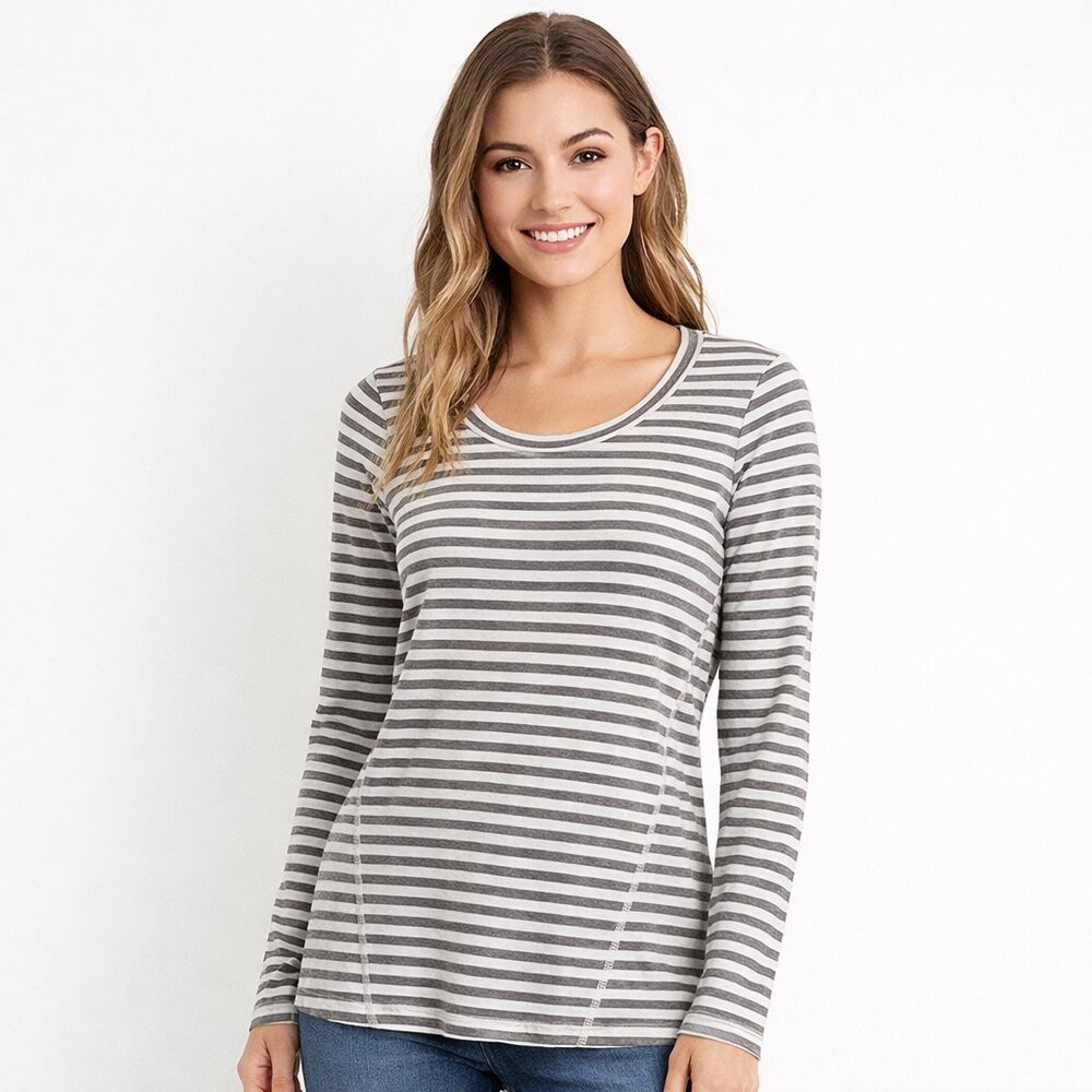 T by TALBOTS Women's Cream & Grey Stripe Long Sleeve Tee XS